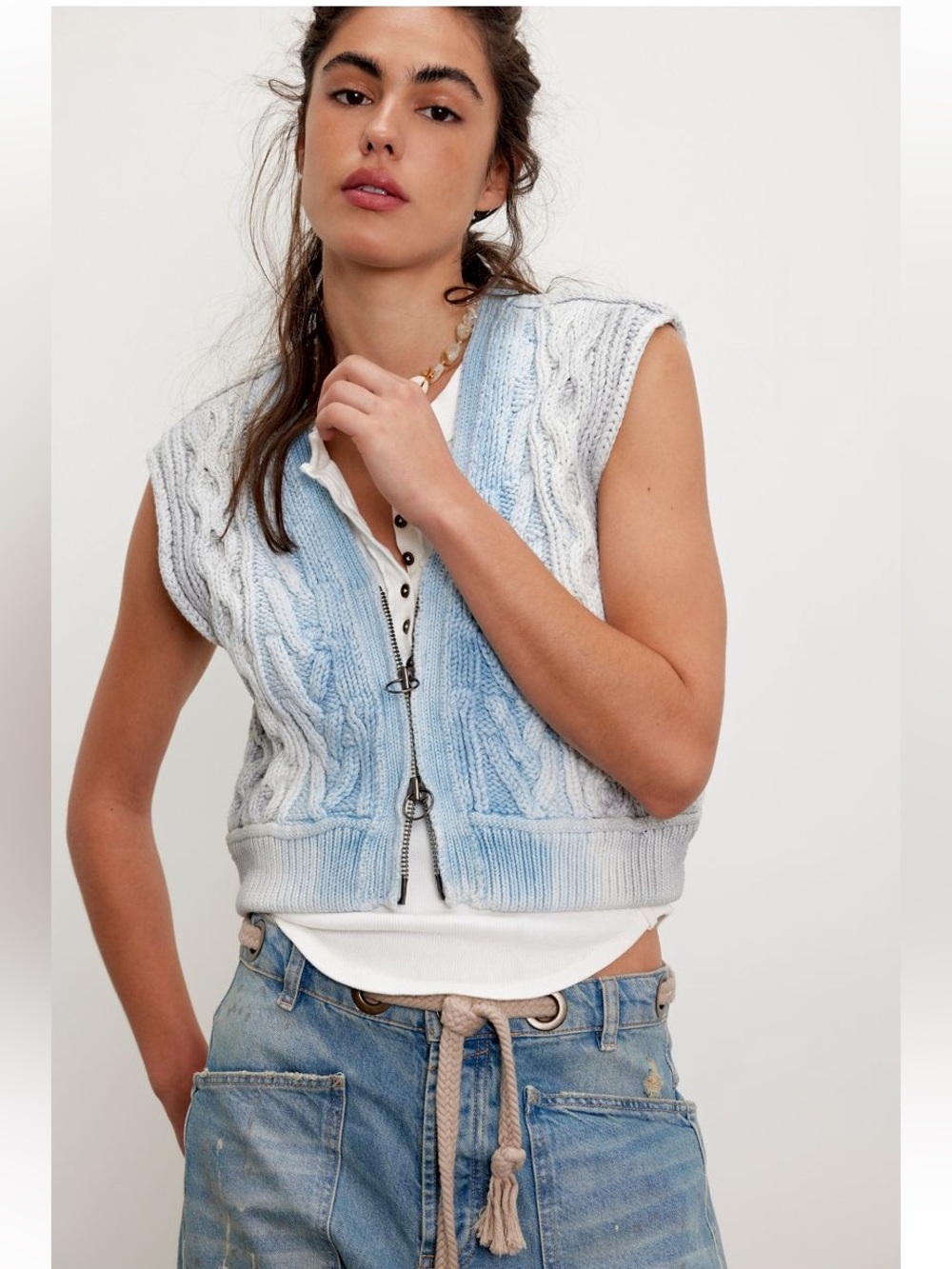 We The Free Blue Rain Cable Vest